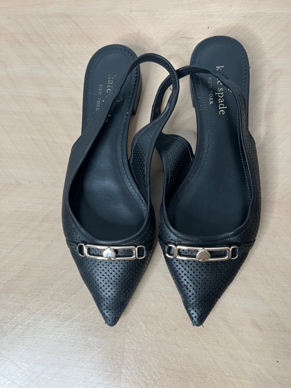 Kate Spade Black Pointed Perforated Hallie Slingback Flats with Gold Accent7.5